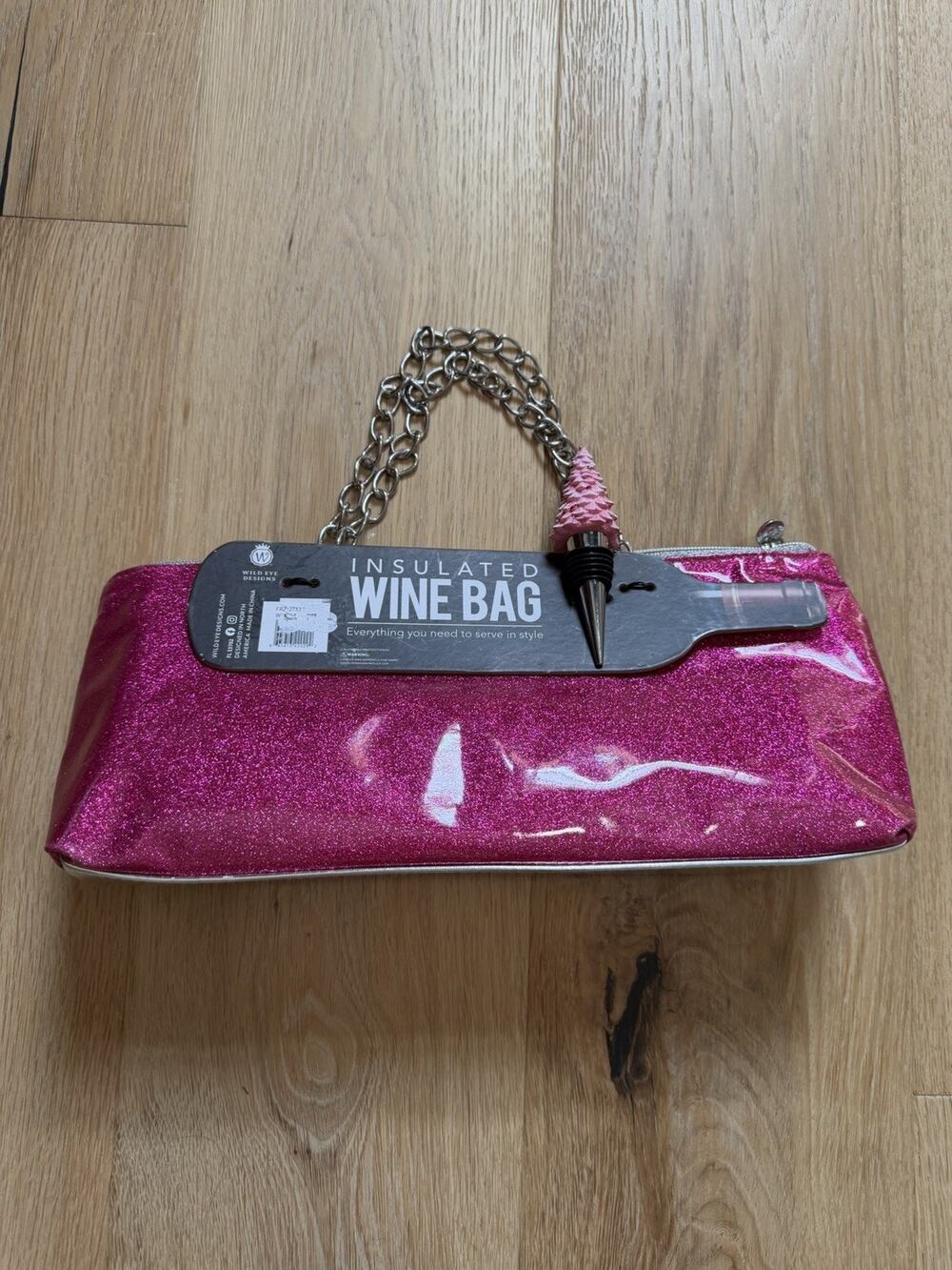 NWT Wild Eye Designs Insulated Wine Bag Pink Glitter Chain Handle Tree Stopper